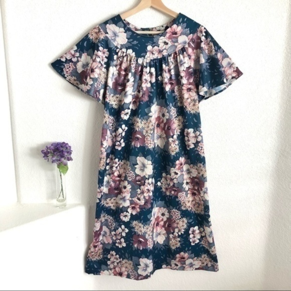 Vintage Sears teal floral house dress muumuu nightgown M